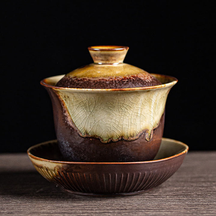 Buddha Stonesヴィンテージ ブラウン 窯変デザイン 磁器 セラミック 蓋碗 三彩 ティーカップ カンフー ティーカップ＆ソーサー 蓋付き