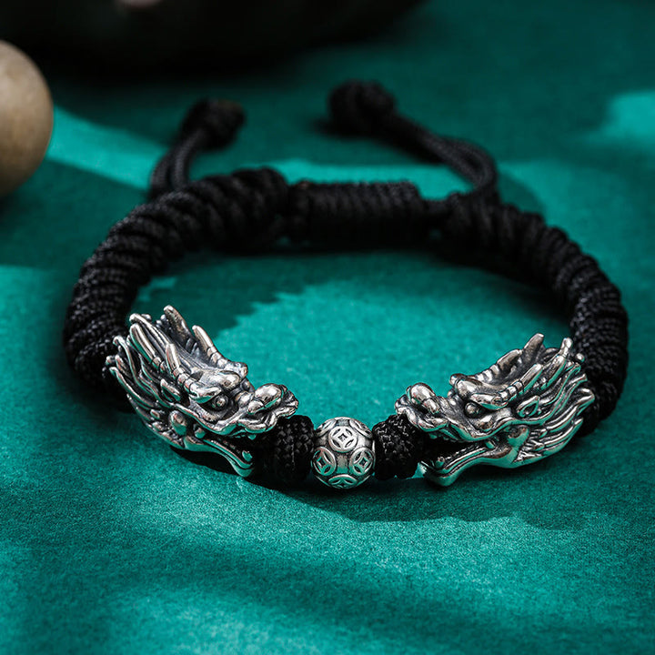 Buddha Stones999 スターリングシルバー ダブルドラゴン 幸運 ハンドメイド 編み込みブレスレット