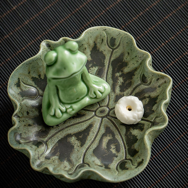 Buddha Stones葉 瞑想 カエル柄 癒し 陶器 香炉 装飾