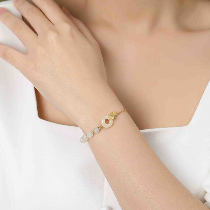 Buddha Stones 925スターリングシルバー 和田白翡翠 平和バックル イチョウの葉 幸運ブレスレット