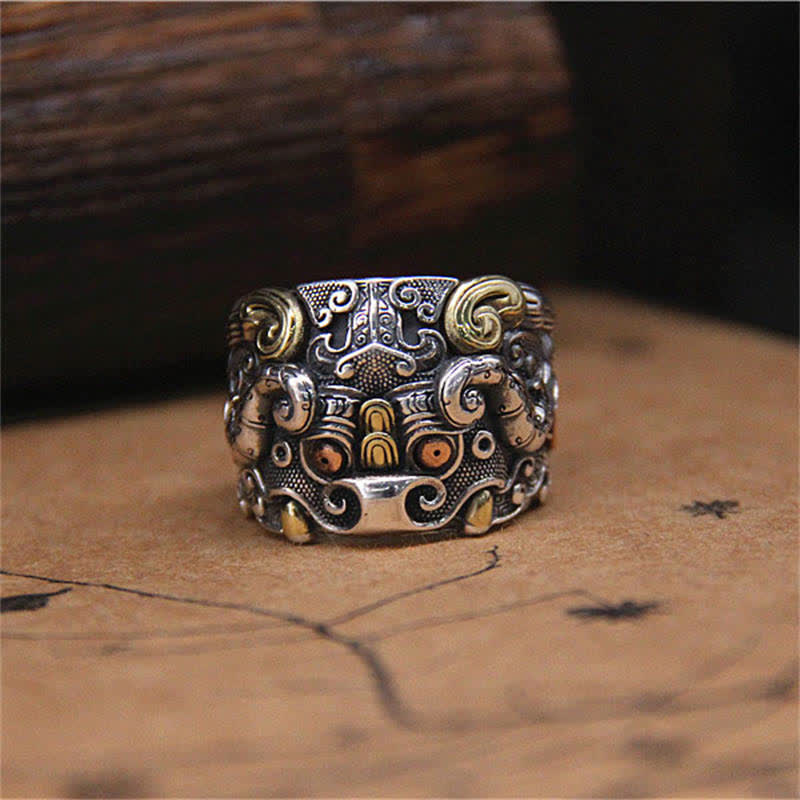 Buddha Stones925 スターリングシルバー 風水 魁 牛守 調節可能リング
