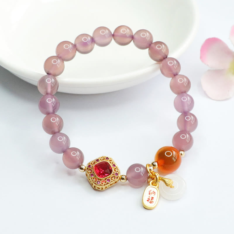 Buddha Stones天然パープルカルセドニー キャンディアゲート 平和バックル ハーモニー 幸運 幸運 チャーム ブレスレット