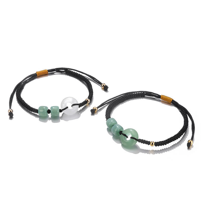 Buddha Stones2個入り グリーンアベンチュリン ホワイトジェイド 平和バックル 幸運 編み込み カップルブレスレット