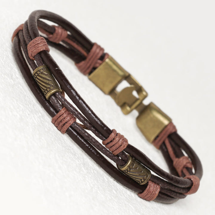 Buddha Stonesヴィンテージレザーリストバンド ブラウンロープ レイヤードブレスレット バングル