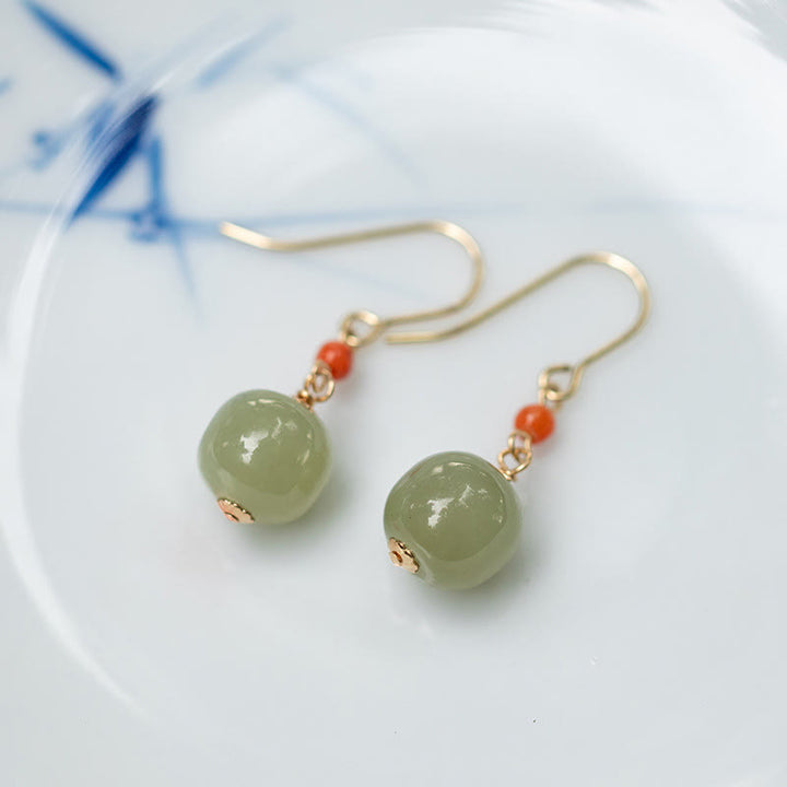 Buddha Stones 925スターリングシルバー 14Kゴールドメッキ 和田翡翠 赤瑪瑙 幸運の雫 ダングルイヤリング