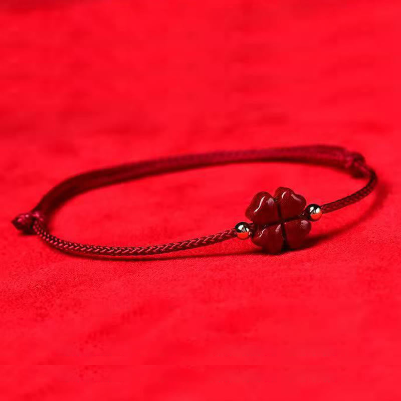 Buddha Stones天然辰砂 四つ葉のクローバー 祝福の赤い紐ブレスレット アンクレット