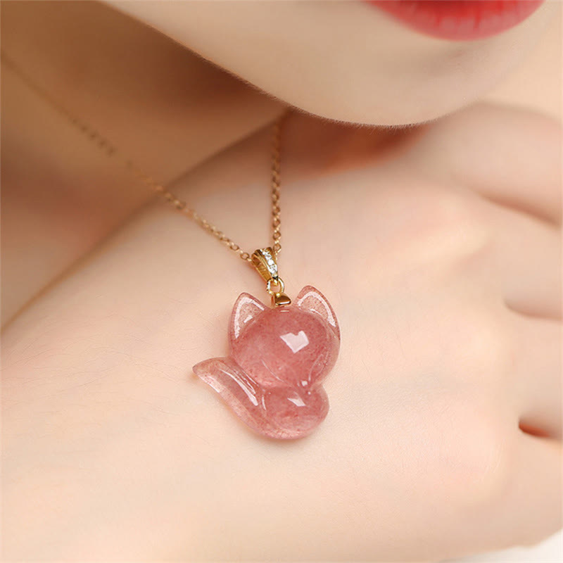 Buddha Stones 14Kゴールドメッキ 925スターリングシルバー ストロベリークォーツ フォックスヒーリングネックレスペンダント