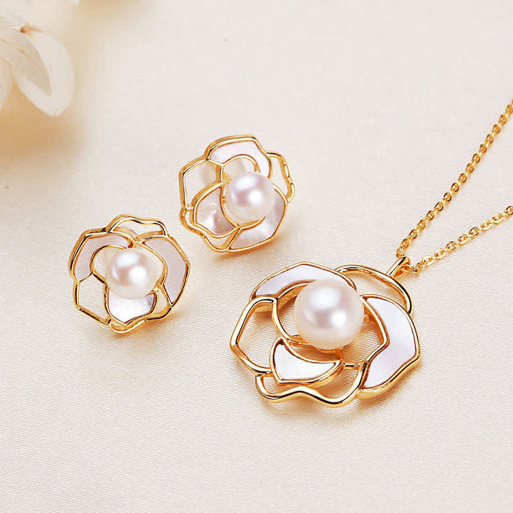 Buddha Stones925スターリングシルバー パール カメリア柄 幸福のネックレス ペンダント イヤリング