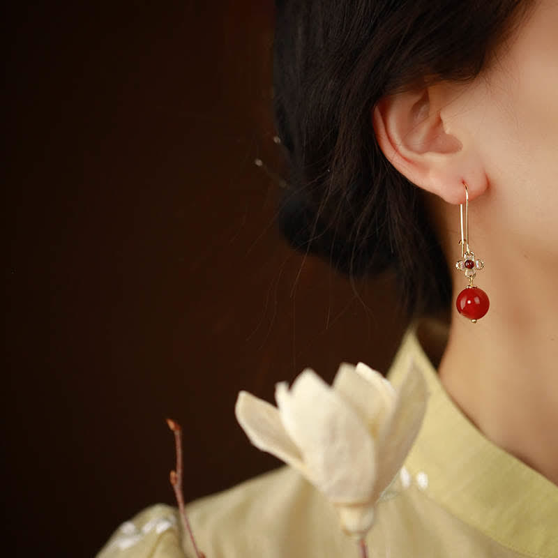 Buddha Stones925スターリングシルバー レッドアゲートフラワービーズ コンフィデンスイヤリング