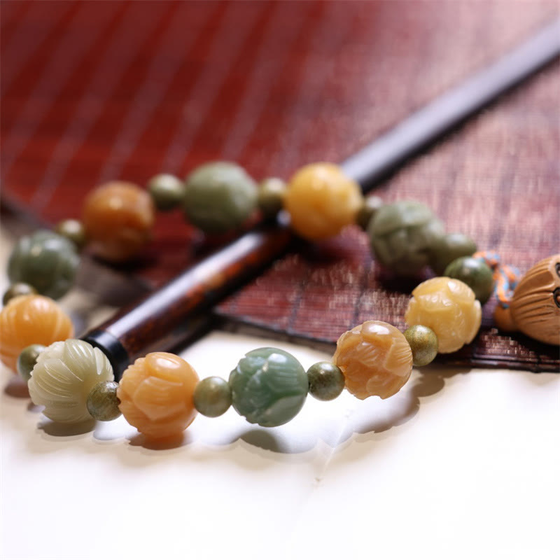 Buddha Stones菩提樹の実 蓮 緑白檀 知恵の調和ブレスレット