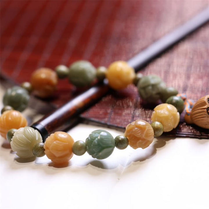 Buddha Stones菩提樹の実 蓮 緑白檀 知恵の調和ブレスレット
