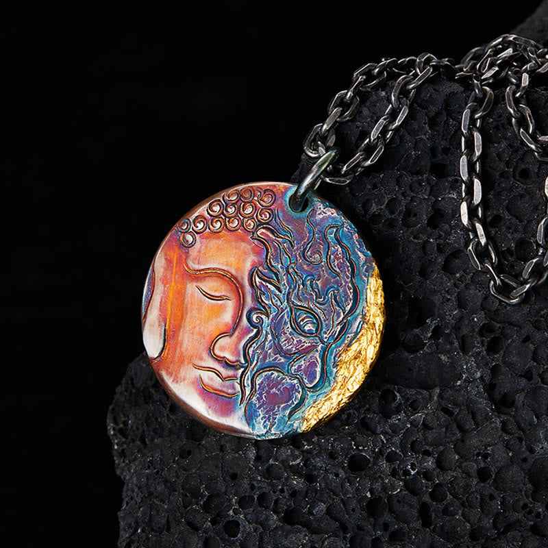 Buddha Stones999スターリングシルバー 24Kゴールド 半悪魔 半仏 慈悲のネックレスペンダント - 999スターリングシルバー - image 1