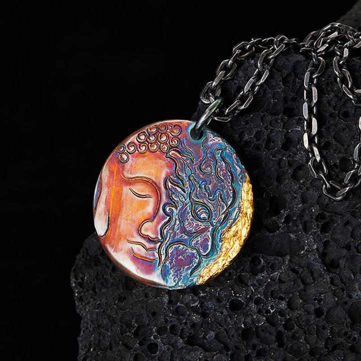 Buddha Stones999スターリングシルバー 24Kゴールド 半悪魔 半仏 慈悲のネックレスペンダント - 999スターリングシルバー - image 1