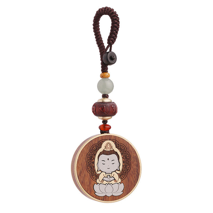 Buddha Stones黒檀木材ローズウッド仏観音菩薩Om Mani Padme Humバランス車のキーチェーン装飾