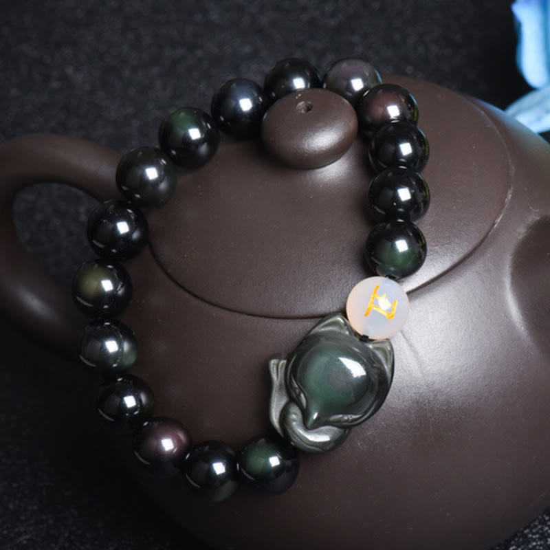 Buddha Stones天然レインボーオブシディアン ゴールドシーンオブシディアン シルバーシーンオブシディアン フォックスヒーリングブレスレット