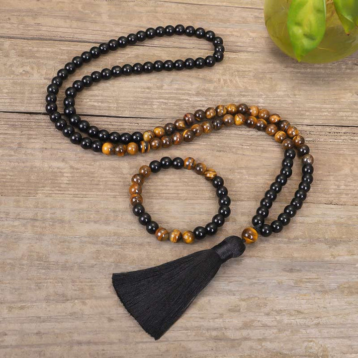 Buddha Stonesチベット黒オニキスタイガーアイ保護ネックレスMalaセット