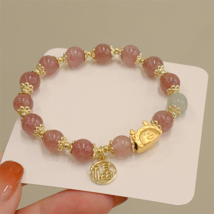 Buddha Stones赤瑪瑙 ストロベリークォーツ 黒曜石 翡翠 ガーネット 真珠 辰砂 団子型 龍 幸運 福 キャラクター ブレスレット - ストロベリークォーツ（手首周り14～19cm） - image 11