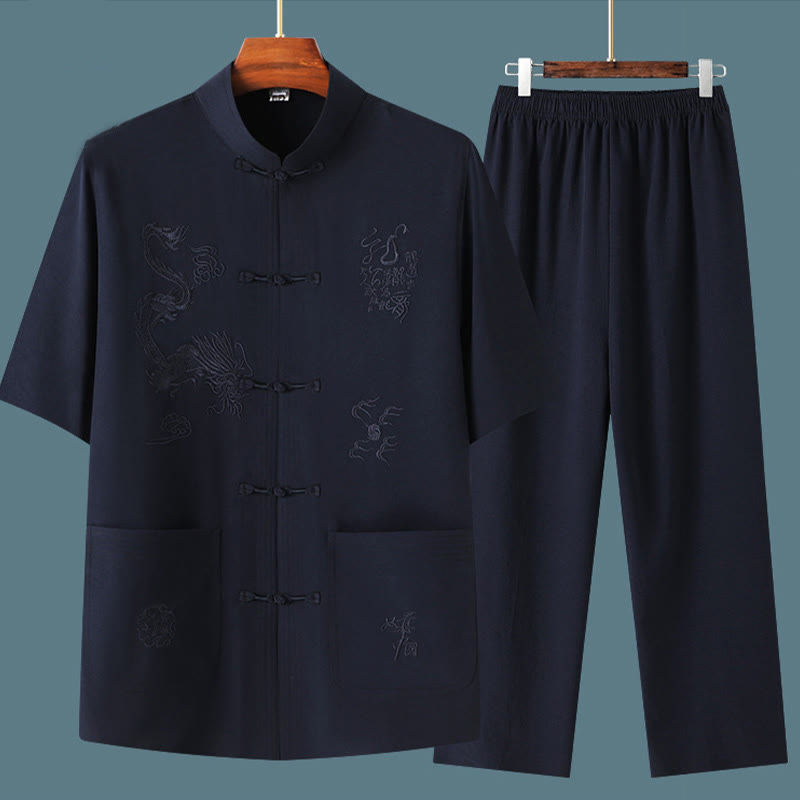 Buddha Stones唐装漢服中国龍伝統カンフーユニフォーム半袖トップスとパンツ衣類メンズセット - image 1