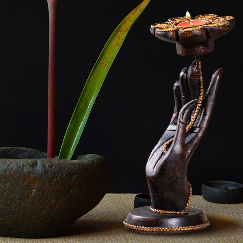 Buddha Stonesの手模様の木製キャンドルスティックホームキャンドルホルダー装飾