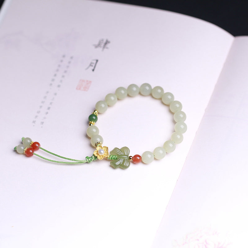Buddha Stones925スターリングシルバー 翡翠 幸運の花 蝶 ブレスレット