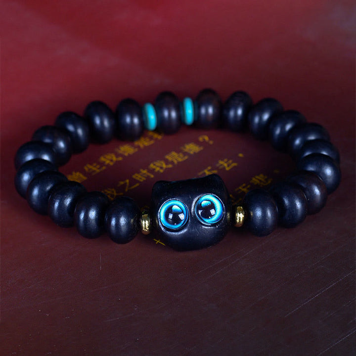 Buddha Stones、黒檀、琉璃ガラス、愛らしい猫の平和バランスブレスレット - image 7