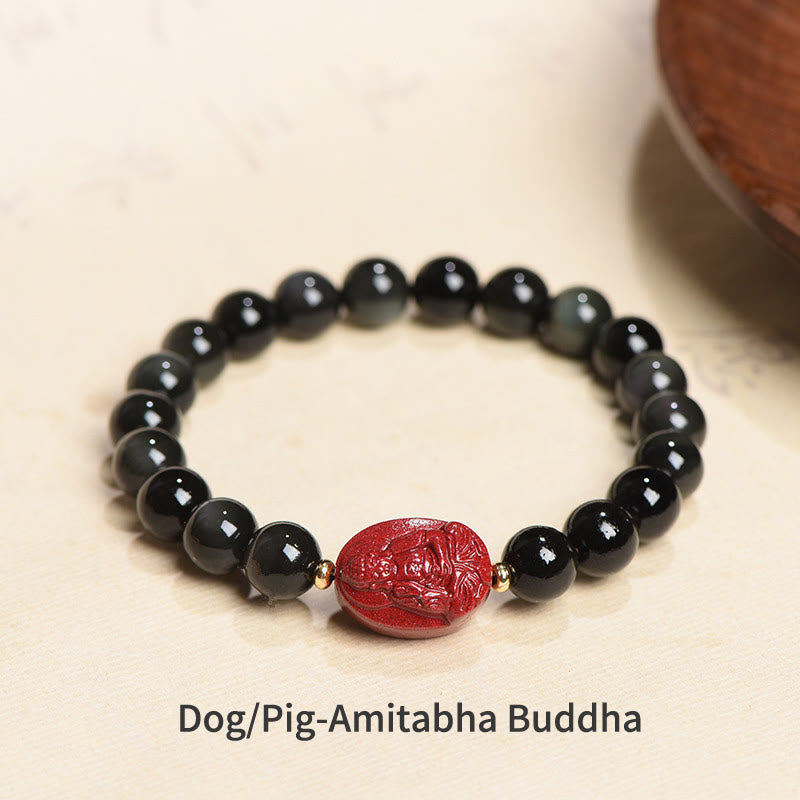 Buddha Stones十二支誕生仏天然黒曜石 辰砂 浄化ブレスレット