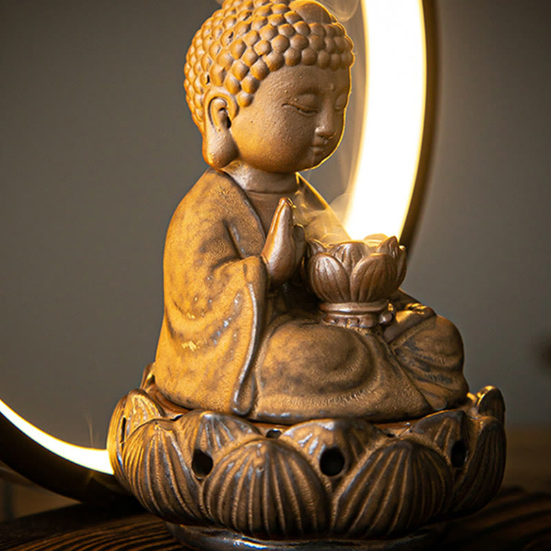 Buddha Stones仏陀 蓮 逆流 煙噴水 陶器 祝福 香炉 ライト装飾付き