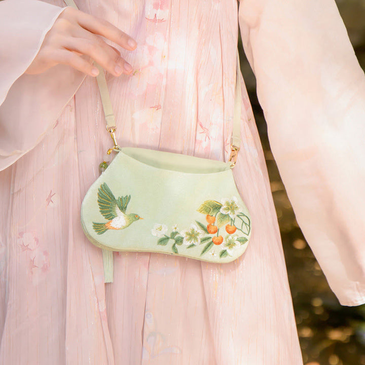 Buddha Stonesと幸運の刺繍、蓮と鯉とウサギの花の漢服バッグ、斜め掛けバッグ、ショルダーバッグ