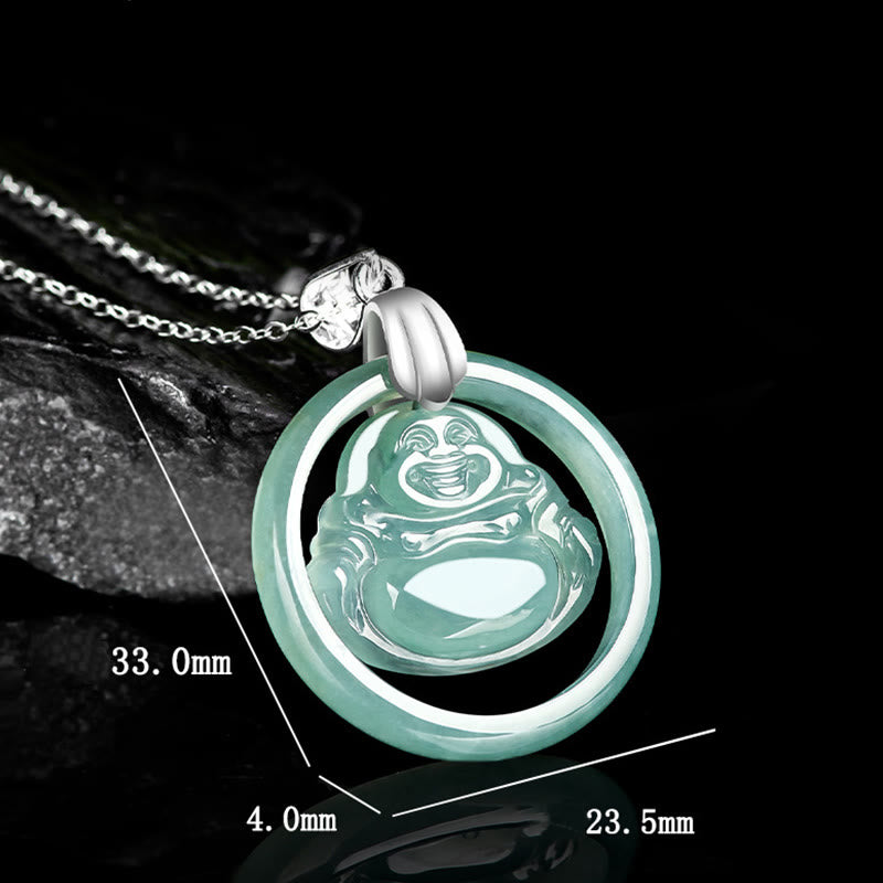 Buddha Stones925スターリングシルバー 天然翡翠 ラウンド 笑い仏 豊穣 チェーンネックレス ペンダント