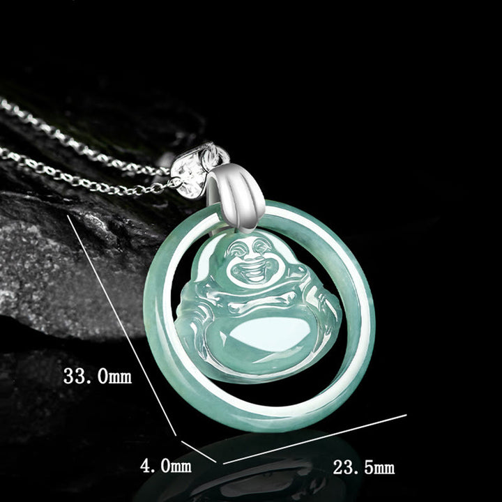 Buddha Stones925スターリングシルバー 天然翡翠 ラウンド 笑い仏 豊穣 チェーンネックレス ペンダント