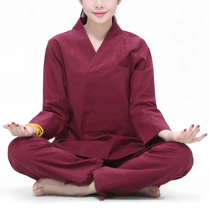 Buddha Stones禅 練習 ヨガ 瞑想 祈り Vネックデザイン ユニフォーム コットンリネン 服 レディース セット - ダークレッド - US6、 UK/AU10、EU38（2XL） - image 0