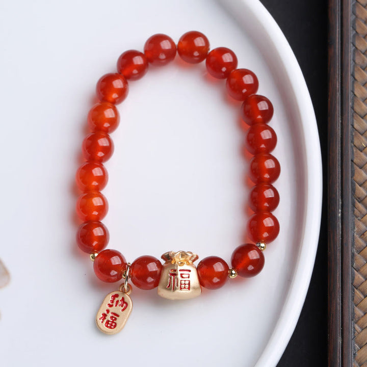 Buddha Stones天然白瑪瑙 赤瑪瑙 マネーバッグ 福の字 四つ葉のクローバー 守護ブレスレット