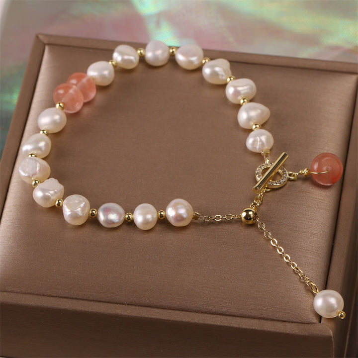 Buddha Stonesパールグリーン ストロベリークォーツ ビーズ ヒーリングチェーンブレスレット