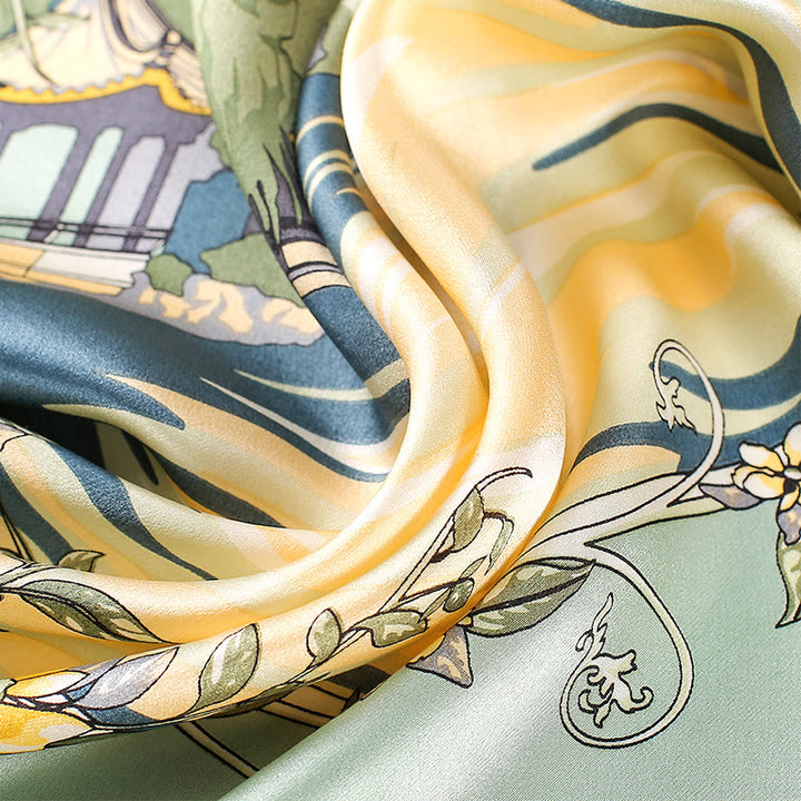 Buddha Stones、田園風景、熱気球、春の花、100% マルベリーシルク ネックスカーフ - image 2