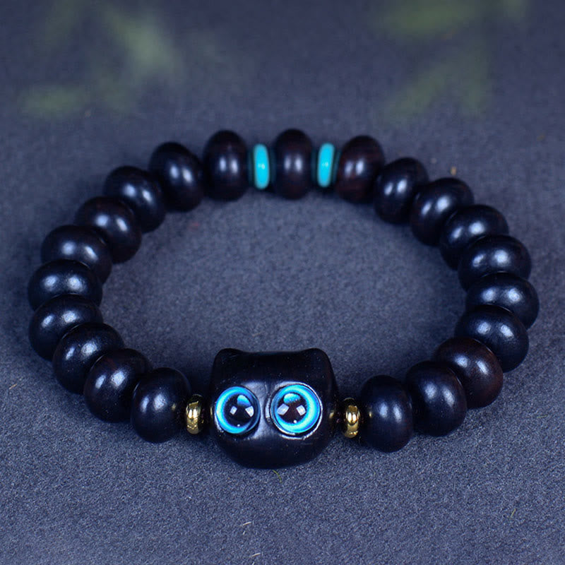 Buddha Stones、黒檀、琉璃ガラス、愛らしい猫の平和バランスブレスレット - image 6