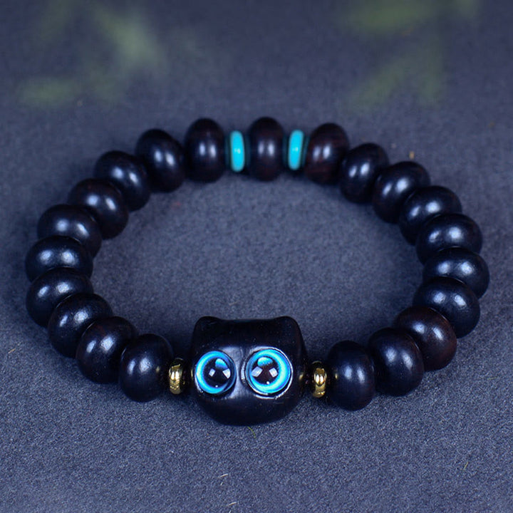 Buddha Stones、黒檀、琉璃ガラス、愛らしい猫の平和バランスブレスレット - image 6