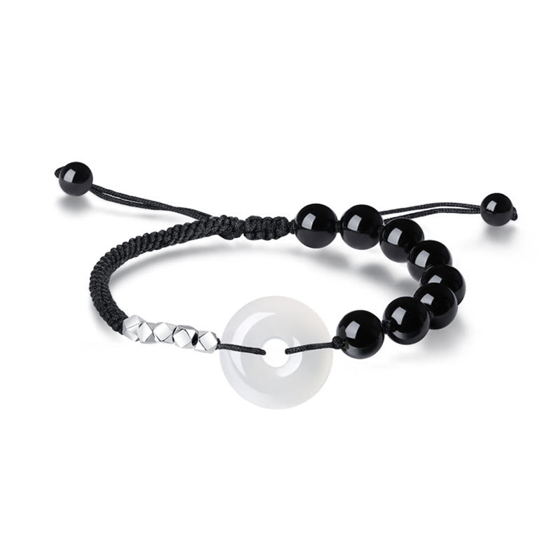 Buddha Stones 925スターリングシルバー ブラックオブシディアンアゲート ピースバックル ストレングスブレスレット