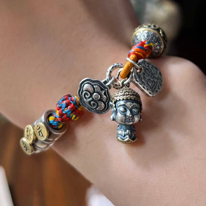 Buddha Stonesハンドメイド チベット 925 スターリングシルバー十二支誕生仏ザキラム 富の守護女神 マルチカラー ロープ編みブレスレット