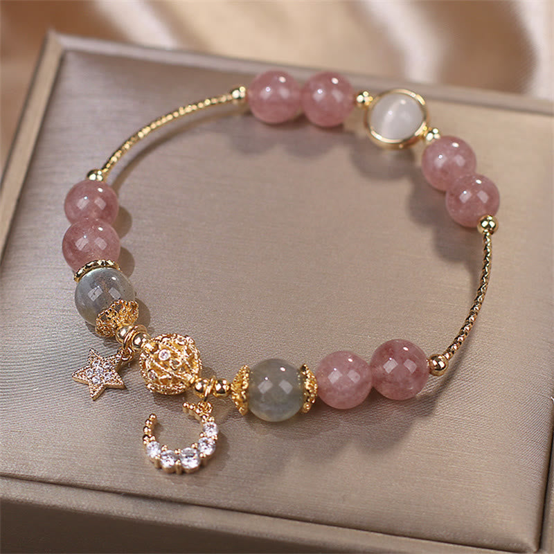 Buddha Stones ストロベリークォーツ＆ムーンストーン 月と星モチーフのラブブレスレット - image 5