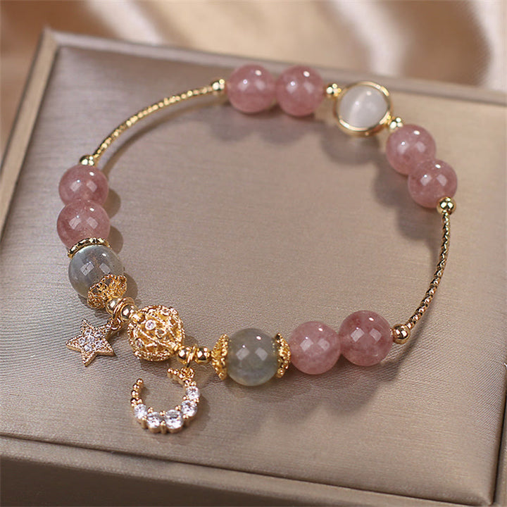 Buddha Stones ストロベリークォーツ＆ムーンストーン 月と星モチーフのラブブレスレット - image 5