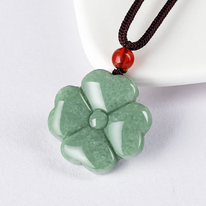 Buddha Stones天然幸運四つ葉のクローバー翡翠繁栄ネックレスペンダント