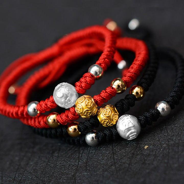 Buddha Stones999 スターリングシルバーオーム・マニ・パドメ・フム銅貨 幸運 強さ 紐 カップルブレスレット