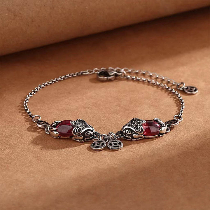 Buddha Stonesガーネットダブル貔貅銅貨守護チェーンブレスレット
