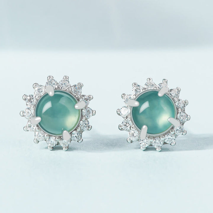 Buddha Stones925スターリングシルバー ラウンド翡翠 幸運の豊かさ スタッドピアス