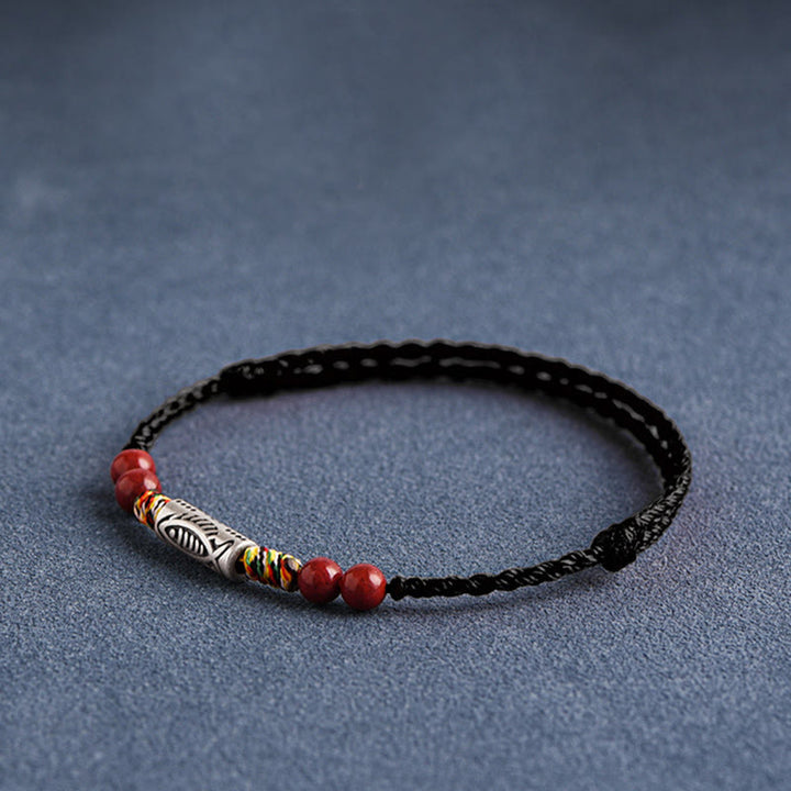 Buddha Stones 925スターリングシルバー 鯉 辰砂 ビーズ 富 手作り 編み込み ブレスレット アンクレット
