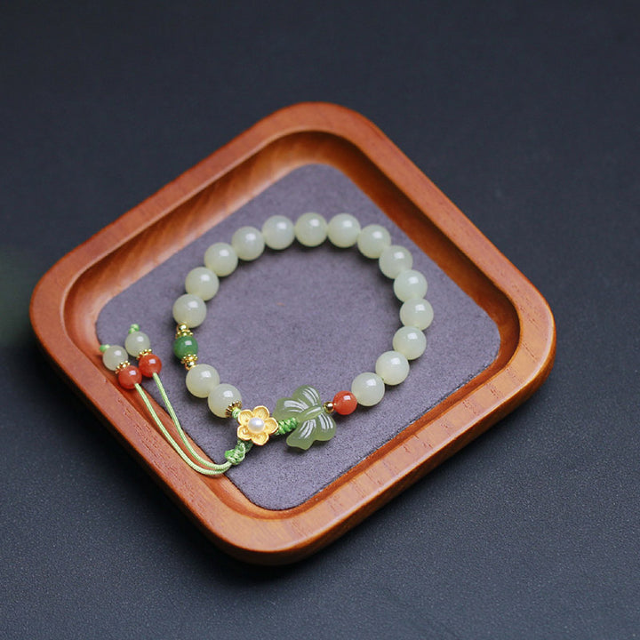 Buddha Stones925スターリングシルバー 翡翠 幸運の花 蝶 ブレスレット