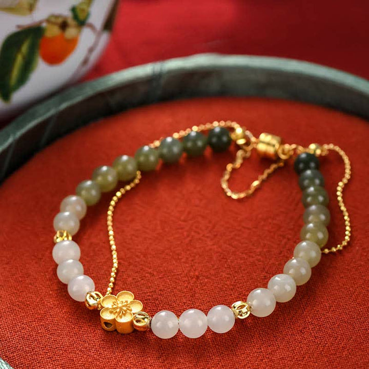 Buddha Stones 925スターリングシルバー 天然和田翡翠 桃の花 幸運のチェーンブレスレット