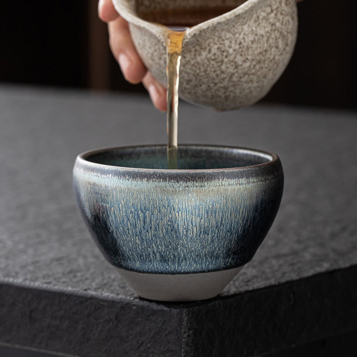 Buddha Stonesヴィンテージ 中国製 シルバー ブルー Jianzhan 窯変磁器 ティーカップ カンフー ティーカップ