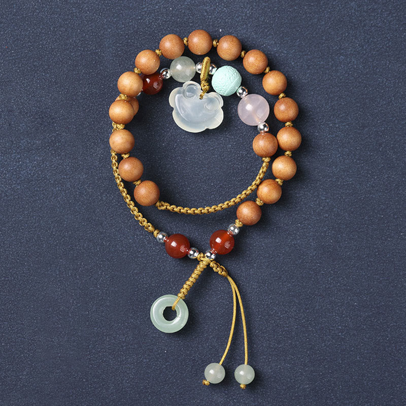 Buddha Stonesグリーンサンダルウッド カルセドニー ピースバックルチャーム 癒しのダブルラップブレスレット