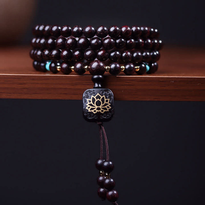 Buddha Stones 108Malaチベット小葉紅檀蓮華バランスブレスレット